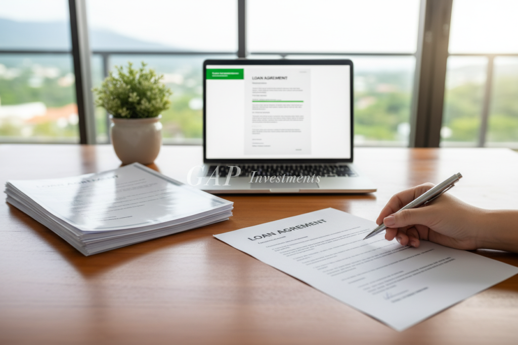 A bright and professional office environment in Costa Rica, featuring a modern wooden desk with a neatly organized stack of clear loan documentation. In the foreground, a hand is holding a pen poised over a loan agreement, symbolizing the act of signing. The middle ground shows a laptop displaying a digital document alongside a potted plant, adding a touch of greenery. The background is softly blurred, revealing a window with natural light streaming in, illuminating the space and creating a sense of warmth and professionalism. The mood is calm and focused, suggesting clarity and trust in the loan process. The brand name "GAP Investments" subtly integrated into the scene on one of the documents, ensuring it blends seamlessly without standing out.