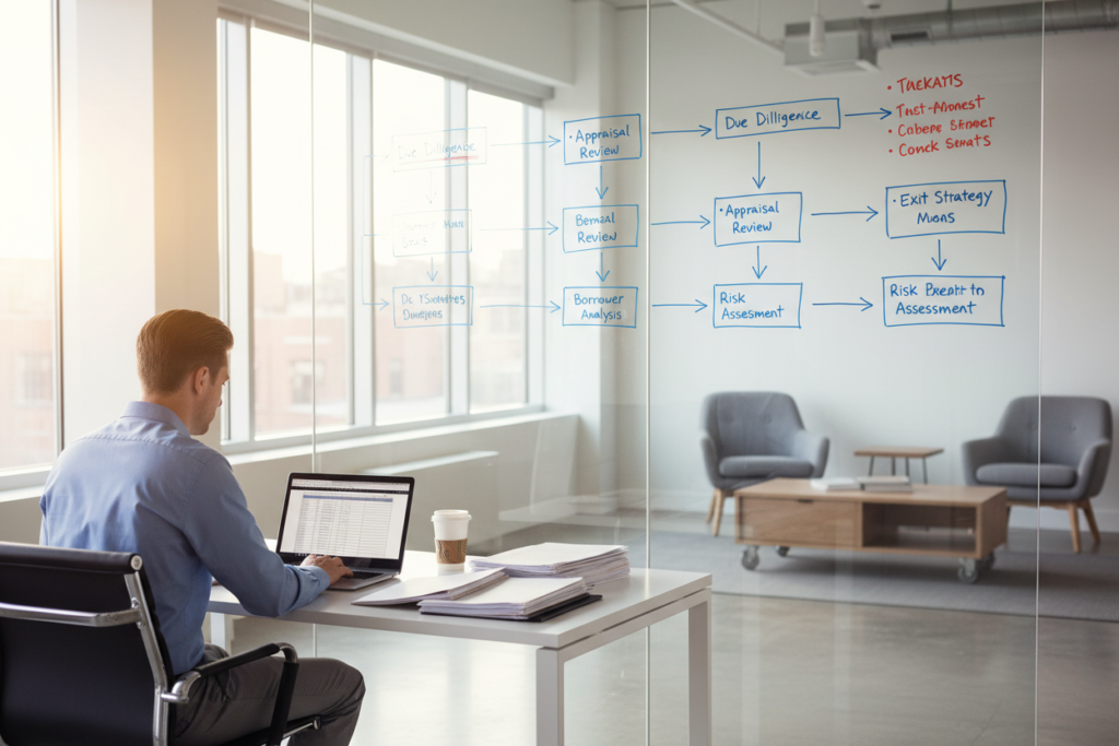 A bright, modern office space showcasing a rigorous underwriting process for hard money lending. In the foreground, a focused Caucasian male underwriter in business casual attire, seated at a sleek desk, intently reviewing detailed financial documents and spreadsheets on a laptop. The middle ground features a large whiteboard filled with charts and flow diagrams detailing the underwriting steps, illuminated by warm, natural light streaming in through large windows. In the background, a calm meeting area with comfortable seating, reflecting a professional atmosphere. The angle is slightly elevated, capturing both the underwriter's concentration and the organized workspace. The overall mood is one of diligence, professionalism, and clarity, emphasizing the importance of process controls in lending.