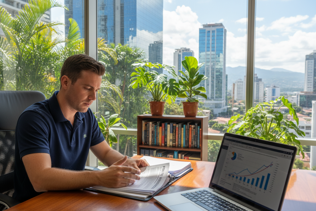 A busy office setting in Costa Rica, showcasing a Caucasian male financial consultant in a business casual polo shirt, reviewing documents about first lien mortgages at a polished wooden desk. In the foreground, a laptop displays financial charts and graphs. The middle ground features a large window with lush green tropical plants outside, illuminating the space with bright, natural light. A few potted plants and a small bookshelf filled with real estate books create an inviting atmosphere. In the background, a cityscape of San José can be seen, emphasizing the modernity and potential of real estate investments. The overall mood is professional, informative, and optimistic, reflecting the opportunities in hard money lending.