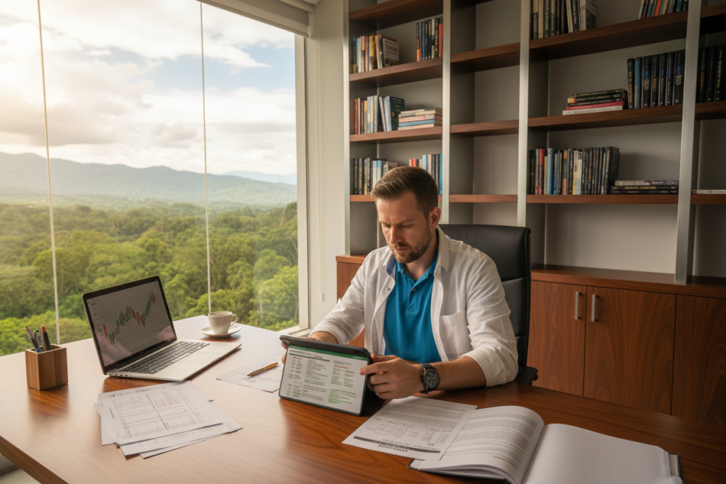 A contemporary office space featuring a Caucasian male staff member in professional business casual attire (polo and button-down shirt) seated at a sleek desk, engaged in a detailed collateral review for security assessments. The foreground includes a laptop with financial graphs and documents scattered, illustrating data analysis. In the middle ground, a large window reveals a scenic view of Costa Rica's lush greenery, symbolizing the local real estate context. The background showcases a modern bookshelf filled with finance and investment books, bathed in warm, natural lighting, creating a focused and serious atmosphere. The angle is slightly above the desk, providing a clear view of the staff member engrossed in their work.