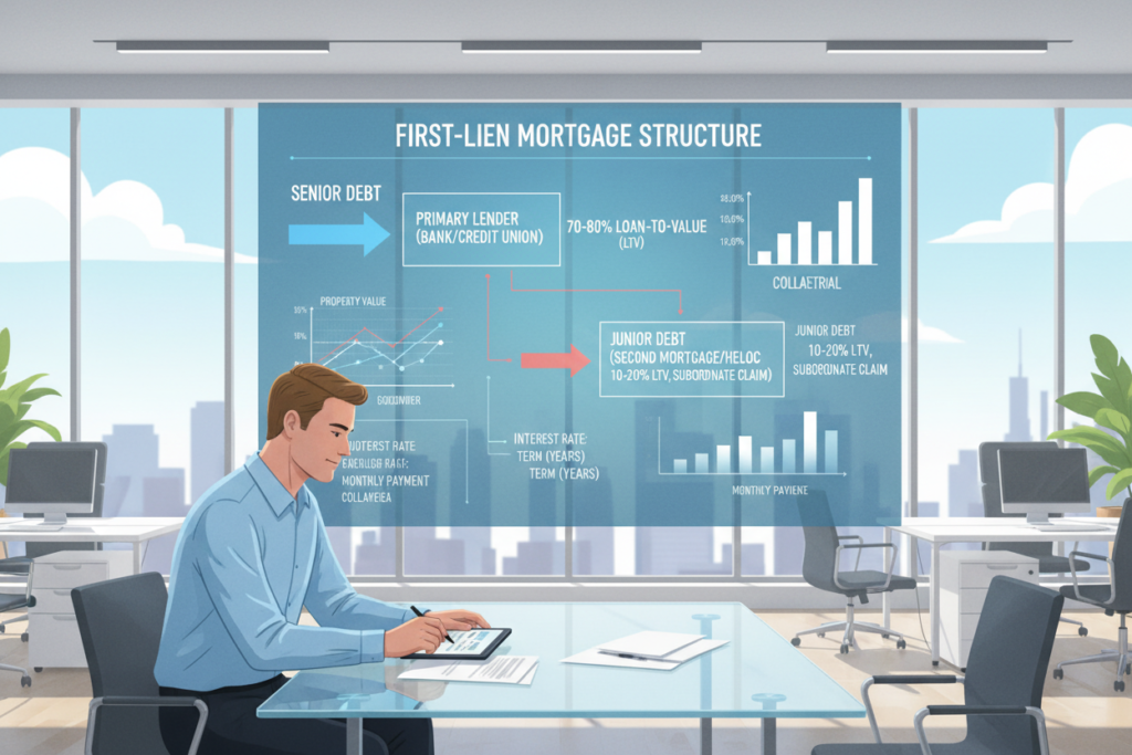 A detailed illustration depicting the concept of a first-lien mortgage structure, focused on a modern office setting. In the foreground, a Caucasian male staff member in business casual attire (button-down shirt, no jacket) is analyzing financial documents on a sleek glass table. In the middle ground, a large digital screen displays flow charts and graphs representing the first-lien mortgage system, with highlighted percentages and clear labels. The background features a contemporary office with large windows, allowing soft natural light to illuminate the space, creating a warm and professional atmosphere. Use a wide-angle lens to capture depth, ensuring a balanced composition that conveys clarity and focus on the mortgage structure concept.