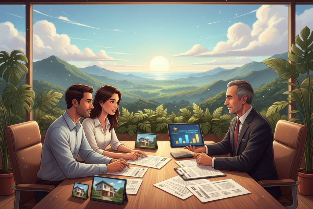 A detailed illustration of the first lien mortgage process in Costa Rica, featuring a professional setting with a young couple discussing real estate investment options with a financial advisor. In the foreground, the couple is examining property documents spread across a stylish wooden table, showcasing imagery of plots and houses. The advisor, dressed in a sharp business suit, gestures towards a digital tablet displaying a chart of structured lending approaches. The middle ground features natural elements like tropical plants, symbolizing Costa Rica's lush environment, while the background showcases a panoramic view of the Costa Rican landscape with mountains and blue skies. Soft, warm lighting creates an inviting atmosphere, emphasizing professionalism and trust. Visual branding elements include a discreet logo for "GAP Investments" on the tablet, enhancing the focus on secure lending processes without overwhelming the viewer.