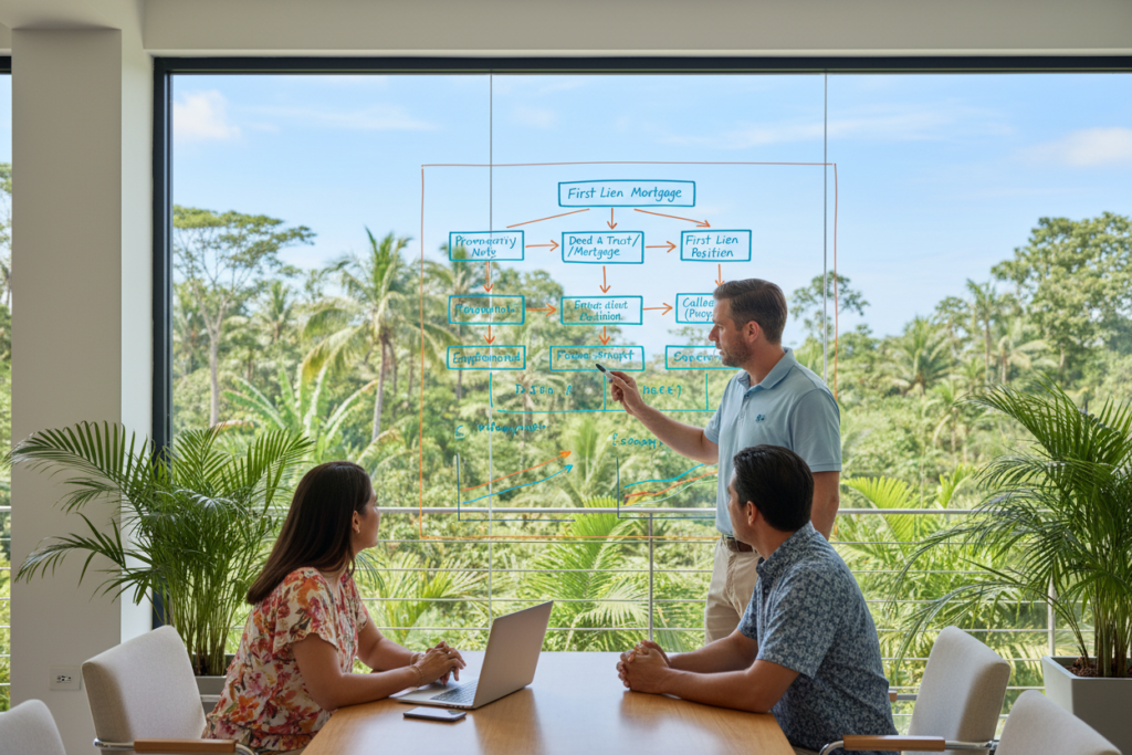 A detailed scene depicting the first-lien mortgage structure in a modern office setting in Costa Rica. In the foreground, a Caucasian male financial advisor in a business casual polo shirt, attentively explaining a mortgage diagram to a client. The middle ground features a large, clear whiteboard with complex mortgage structures illustrated in vibrant colors, showcasing graphs and flowcharts. In the background, large windows reveal a lush Costa Rican landscape with tropical plants and a bright blue sky, creating a sense of openness. The lighting is bright and natural, accentuating the professionalism of the space. A warm, inviting atmosphere enhances the interaction, reflecting trust and clarity in financial discussions. The overall mood is focused and professional, emphasizing secure investment guidance.