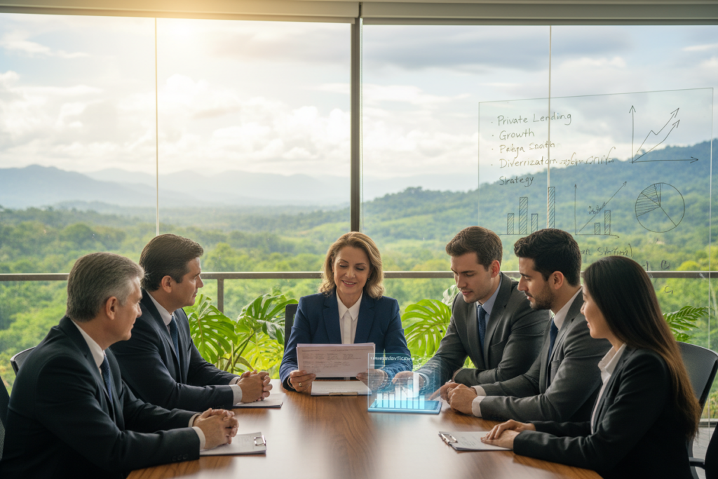 A group of diverse investors engaged in a discussion about private lending opportunities, set in a modern conference room overlooking a vibrant green landscape of Costa Rica. In the foreground, a middle-aged woman in professional business attire holds property documents, while a young man in a suit gestures toward a digital tablet displaying investment data. The middle ground features large windows with natural sunlight pouring in, creating a warm and inviting atmosphere. Lush tropical plants are visible outside, symbolizing growth and prosperity. In the background, a whiteboard filled with graphs and charts illustrates trends in portfolio diversification. The scene conveys a sense of collaboration, professionalism, and optimism about investment options. Soft, diffused lighting enhances the ambiance, captured from a slightly elevated angle to emphasize the investors' engagement.