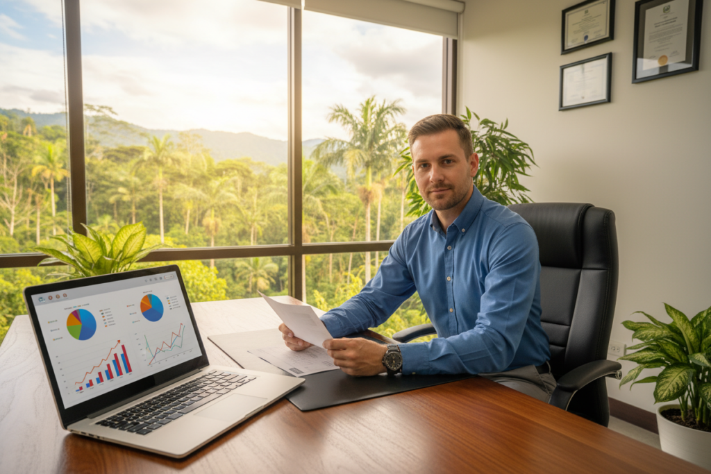 A modern and secure investment office setting, featuring a Caucasian male staff member in business casual attire, such as a button-down shirt and slacks, confidently reviewing financial documents on a sleek wooden desk. The foreground includes the open laptop displaying graphs and charts symbolizing secure investment processes. In the middle ground, a large window reveals a lush tropical landscape of Costa Rica, representing growth and opportunity. Soft, natural lighting filters through the window, casting a warm glow over the room, creating an atmosphere of professionalism and assurance. The background features minimalist decor with plants and certificates displayed, emphasizing a secure and trustworthy investment environment. The image conveys stability, trust, and growth in investment.
