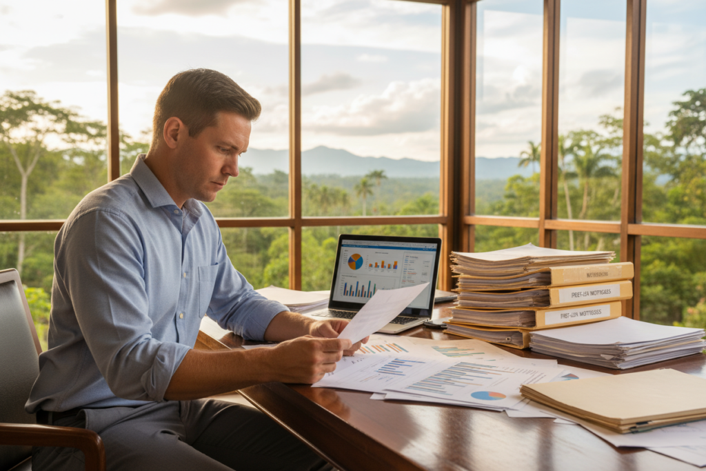 A professional Caucasian male in business casual attire, such as a button-down shirt and slacks, is seated at a sleek wooden desk filled with mortgage documents and charts, emphasizing the concept of first-lien mortgage security. In the foreground, focus on his intent expression as he reviews a detailed financial report. The middle ground features a laptop displaying a financial analytics dashboard, along with a stack of folders labeled "First-Lien Mortgages." In the background, large windows show a lush Costa Rican landscape, symbolizing real estate opportunities. Soft, natural lighting streams in, creating a warm, inviting atmosphere. The angle is slightly elevated, capturing both the subject and the workspace harmoniously. The overall mood conveys professionalism, focus, and security in real estate investment.