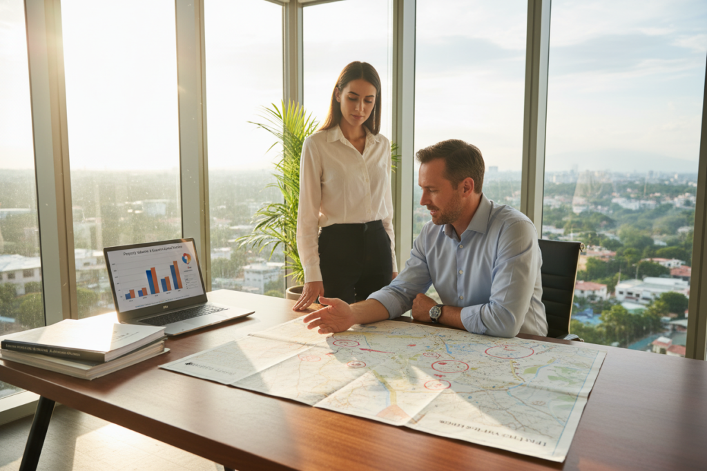 A professional Caucasian male sitting at a modern desk in a bright office environment, engaged in a discussion about first-lien advantage private lending. In the foreground, neatly stacked documents and a laptop display graphs of property values. In the middle, the man is dressed in business casual attire, a button-down shirt, and is examining a large map of Costa Rica showing potential lending areas. In the background, large windows allow natural light to flood the room, creating a warm and inviting atmosphere. The lighting is soft yet clear, evoking a sense of transparency and trust in the lending process. The composition captures the balance of professionalism and approachability, emphasizing the controlled risk and benefits of first-lien positions in private lending.