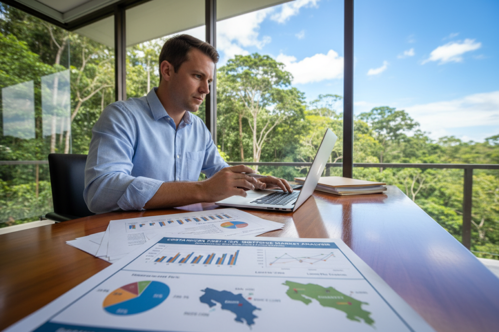 A professional Caucasian male staff member in business casual attire, such as a button-down shirt, is seated at a sleek modern desk with a laptop and financial documents spread out before him, analyzing the first-lien mortgage process in Costa Rica. In the foreground, a close-up of the documents showcases charts and graphs representing real estate statistics. The middle ground features a map of Costa Rica with highlighted regions of interest for real estate investment. In the background, large windows provide a view of lush tropical greenery and a clear blue sky, infusing the scene with a bright and optimistic atmosphere. Soft, natural lighting enhances the clarity of the workspace, while a shallow depth of field focuses attention on the staff member and the financial details, conveying a sense of professionalism and clarity in lending solutions.
