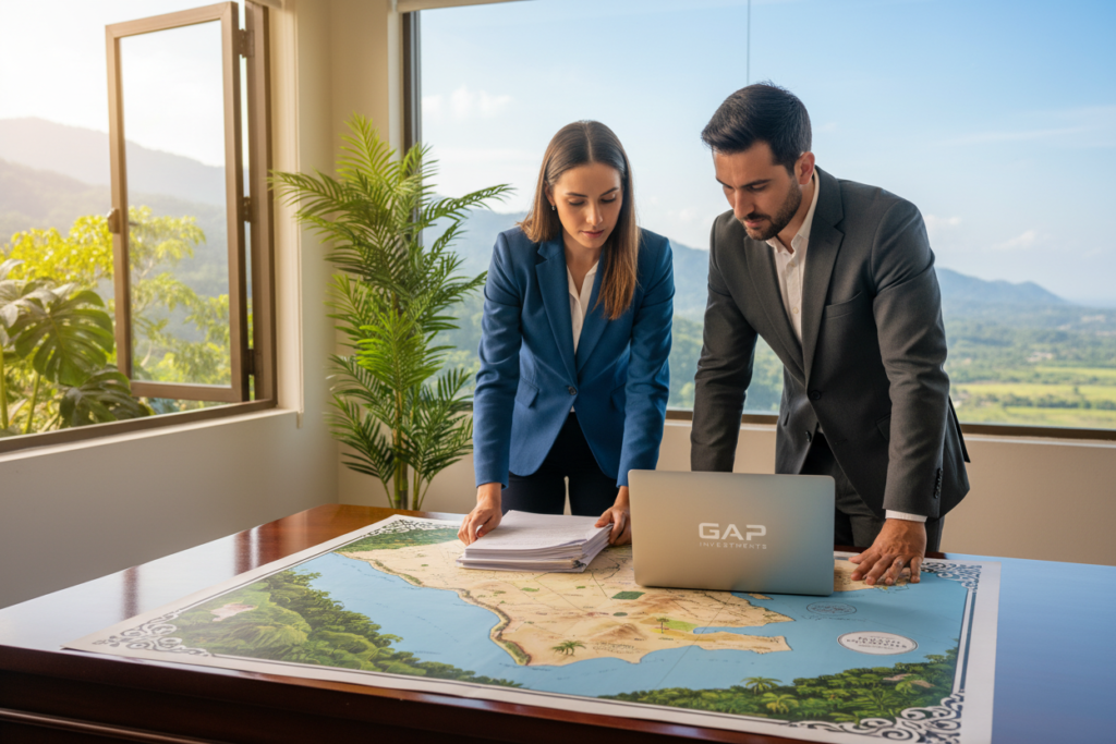 A professional business setting depicting a clean title verification process in Costa Rica. In the foreground, a well-dressed businesswoman and businessman, both in professional attire, are examining property documents on a polished wooden desk. A crisp, detailed property map is spread out alongside the documents, highlighting the pristine scenery of Costa Rica with lush greenery peeking in from a nearby window. In the middle ground, elements such as a potted tropical plant and a modern laptop add a contemporary touch. The background features a soft-focus view of the Costa Rican landscape, bathed in warm, natural light, giving an inviting and trustworthy atmosphere. The brand name "GAP Investments" subtly incorporated into the design without any text overlays.