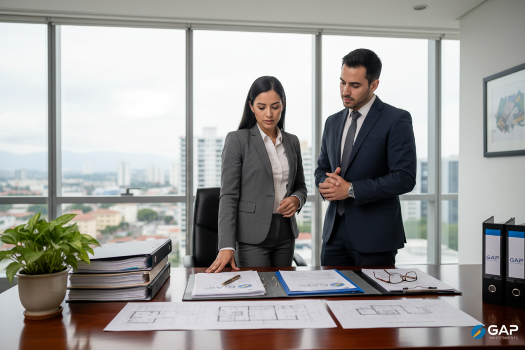 A professional business setting depicting a conservative underwriting process in real estate lending. In the foreground, a polished wooden desk with neatly arranged documents and property schematics related to Costa Rican real estate. A pair of glasses rests on an open folder, and a small potted plant adds a touch of nature. In the middle ground, a diverse group of two professionals—one male and one female—are engaged in discussion, dressed in formal business attire, with focused expressions as they review the documents. The background features a modern office with large windows letting in soft, natural light, enhancing a calm and diligent atmosphere. Emphasize the brand name "GAP Investments" subtly integrated into the scene through the documents and decor, providing a sense of authenticity and professionalism.