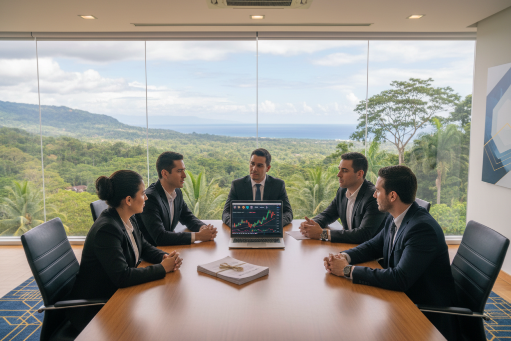 A professional business setting showcasing a crypto-qualified lending overview, featuring a sleek conference table at the foreground with a stack of real estate documents and a laptop displaying Bitcoin and Ethereum charts. In the middle, a diverse group of individuals in professional attire, engaged in a discussion about crypto lending strategies, with expressions of collaboration and focus. The background features a modern office space with large windows revealing a vibrant Costa Rican landscape, adding a touch of serene tropical atmosphere. The scene is well-lit with soft, ambient light enhancing the professionalism of the interaction. Incorporate subtle branding elements around GAP Investments, emphasizing trust and innovation in crypto lending without including logos or text. The overall mood reflects optimism and forward-thinking in the realm of cryptocurrency and real estate lending.