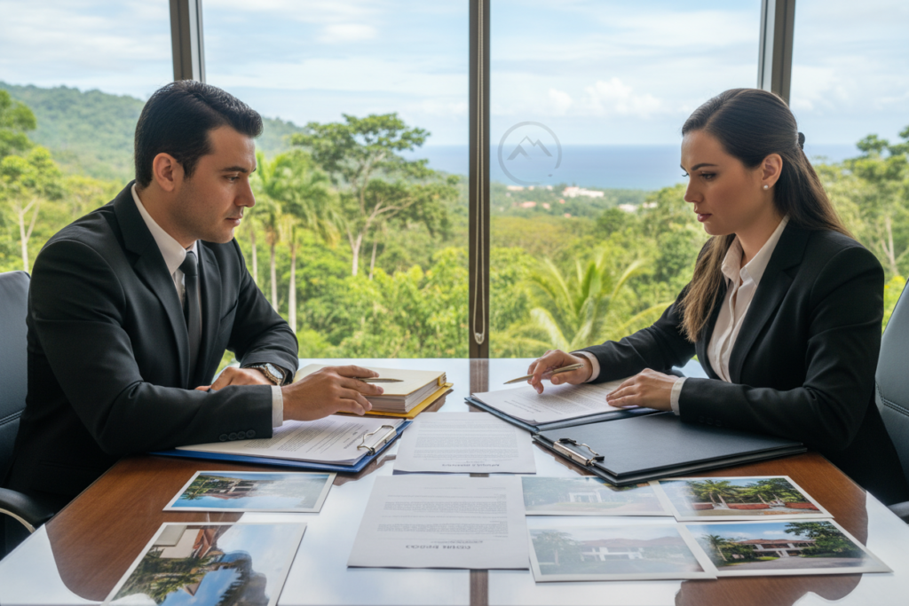 A professional business setting showcasing the clean title and collateral review process in Costa Rica. In the foreground, a diverse group of two business professionals, one male and one female, are seated at a sleek conference table, examining legal documents related to property investments. They are dressed in smart business attire, focused and engaged in discussion. The middle ground reveals an organized display of documents and property photos, symbolizing the structured investment approach. In the background, a large window frames a lush Costa Rican landscape, representing stability and growth. The atmosphere is bright, illuminated by soft, natural lighting that creates a sense of clarity and professionalism. The logo for GAP Investments subtly appears on a document without any text or branding distractions.