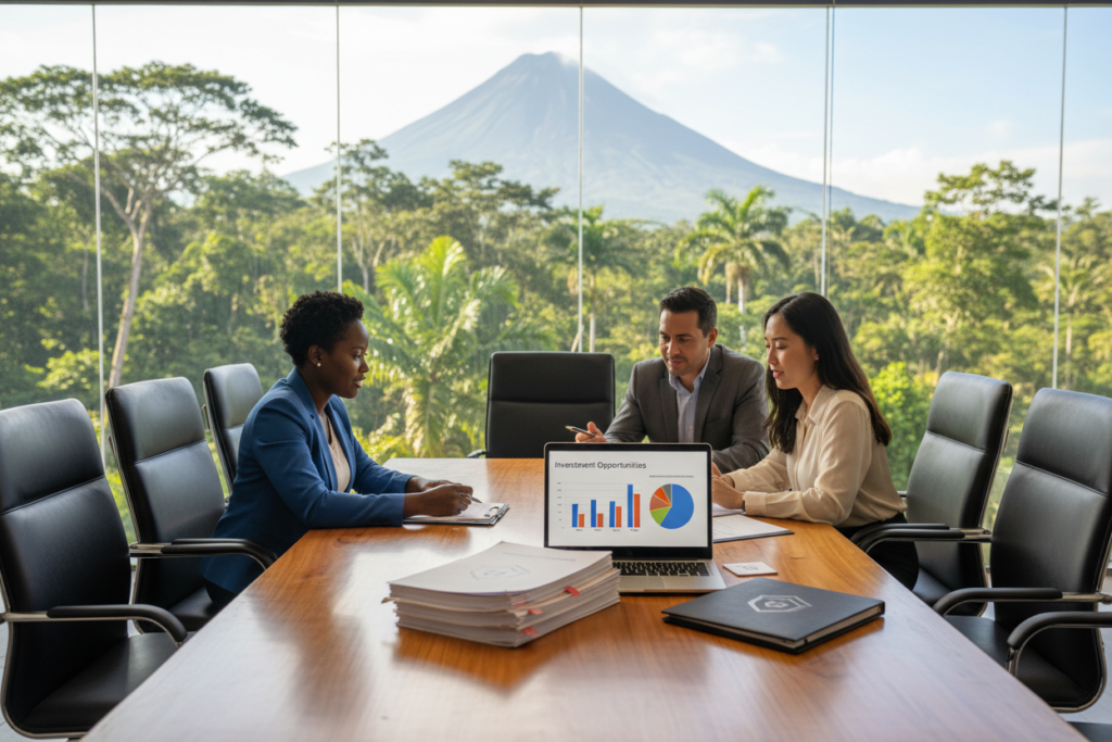 A professional office setting in Costa Rica featuring a beautiful wooden conference table, surrounded by elegant chairs. In the foreground, there are neatly organized real estate documents and a laptop displaying graphs, symbolizing investment opportunities. In the middle, a group of three professionals in business attire—diverse genders and ethnicities—discuss the documents with expressions of focus and excitement. In the background, large windows reveal a lush tropical landscape with bright sunlight pouring in, creating a warm and inviting atmosphere. The lighting is bright yet soft, emphasizing a collaborative mood. The brand name "GAP Investments" subtly appears in the scene through materials on the table. The image emphasizes first-lien mortgage security in a modern, professional context without any text or logos.