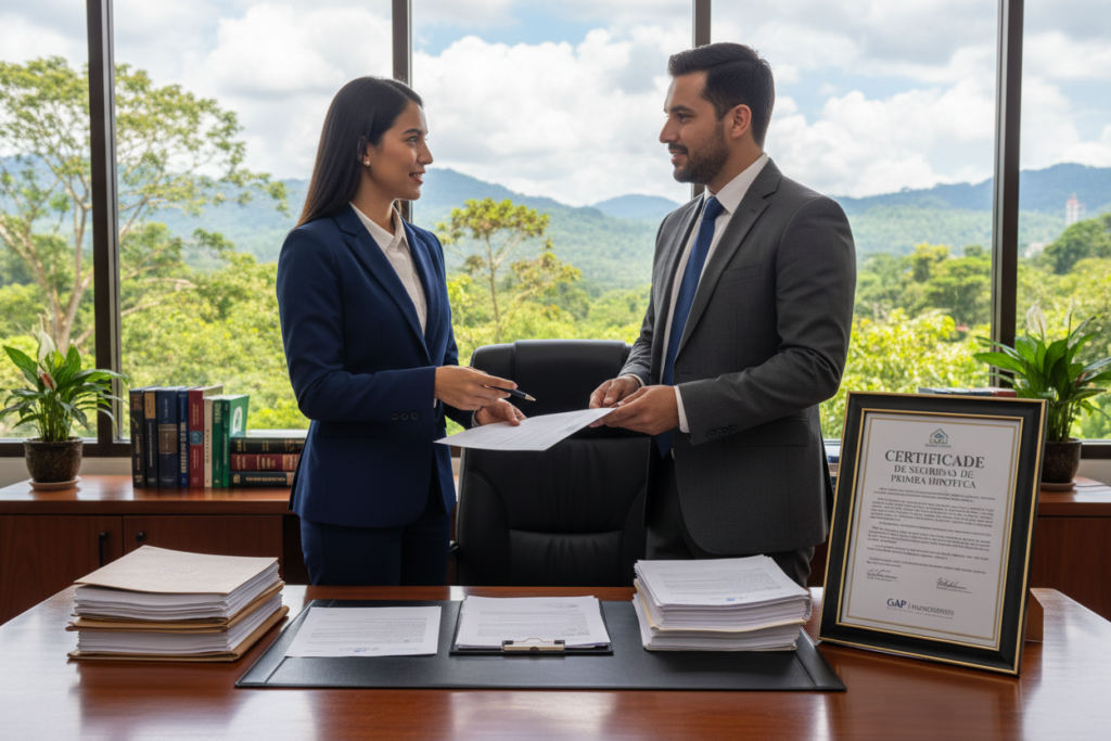 A professional office setting in Costa Rica featuring a well-organized workspace that includes a polished wooden desk with neatly stacked mortgage documents and a first-lien mortgage security certificate prominently displayed. In the foreground, two business professionals in tailored suits discuss the documents, projecting confidence and expertise. The middle ground showcases a window view of lush greenery typical of Costa Rica, allowing natural light to flood the scene, enhancing the ambiance. In the background, a shelf with real estate books and decorative plants adds a touch of elegance. The atmosphere is focused and optimistic, embodying a sense of secure investment opportunities. Brand name 'GAP Investments' subtly integrated into the design elements, ensuring a cohesive professional appearance without any text overlay or logos. Soft, even lighting highlights the details while keeping the mood serious yet inviting.
