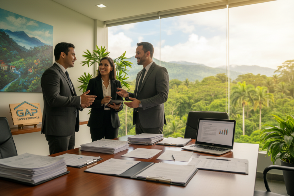 A professional office setting showcasing a private lending structure focused on real estate investment in Costa Rica. In the foreground, a sleek wooden conference table is adorned with property documents, legal papers, and a laptop. To the left, a diverse group of three individuals in professional business attire discuss animatedly, emphasizing collaboration and trust. In the middle ground, a large window reveals a lush tropical landscape, symbolizing the vibrant investment environment. Soft, natural lighting filters through the glass, creating a warm and inviting atmosphere. The background features modern artwork and plants, enhancing the professional vibe while reflecting the essence of GAP Investments. Capture this scene with a slight depth of field to focus on the individuals and the documents, while softly blurring the background.