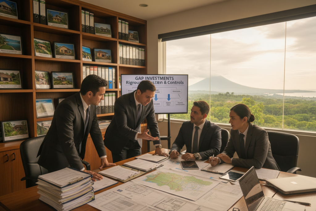 A professional office setting showcasing a rigorous process and controls in Costa Rica property investments. In the foreground, a diverse team of three professionals, dressed in smart business attire, is engaged in a focused discussion over a table filled with property documents, legal papers, and charts. The middle ground features shelves of neatly organized files and visual references to Costa Rican properties, exuding an atmosphere of diligence and trust. The background displays a large window with a view of lush Costa Rican landscapes, bathed in warm natural light, casting soft shadows across the scene. The camera angle is slightly elevated, capturing the team's collaboration and the environment's professionalism. The image embodies a mood of seriousness and integrity, suitable for representing GAP Investments' commitment to secure first lien opportunities.