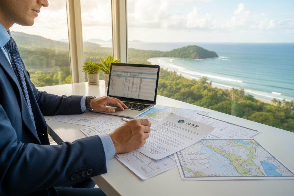 A professional real estate investor in business attire sits at a modern desk with a laptop and property documents spread out before them, symbolizing process-driven due diligence for real estate transactions in Costa Rica. The background features lush green landscapes typical of Costa Rica, with a hint of a beautiful coastal view. Soft, natural light filters through a window, casting a warm, inviting glow on the workspace. In the foreground, a close-up of the hand of the investor analyzing the documents, showing a focus on attention to detail. The atmosphere is one of professionalism and trust, underlining the importance of careful evaluation in peer-to-peer crypto-lending for real estate investments. The branding "GAP Investments" subtly appears on one of the documents without being overt.
