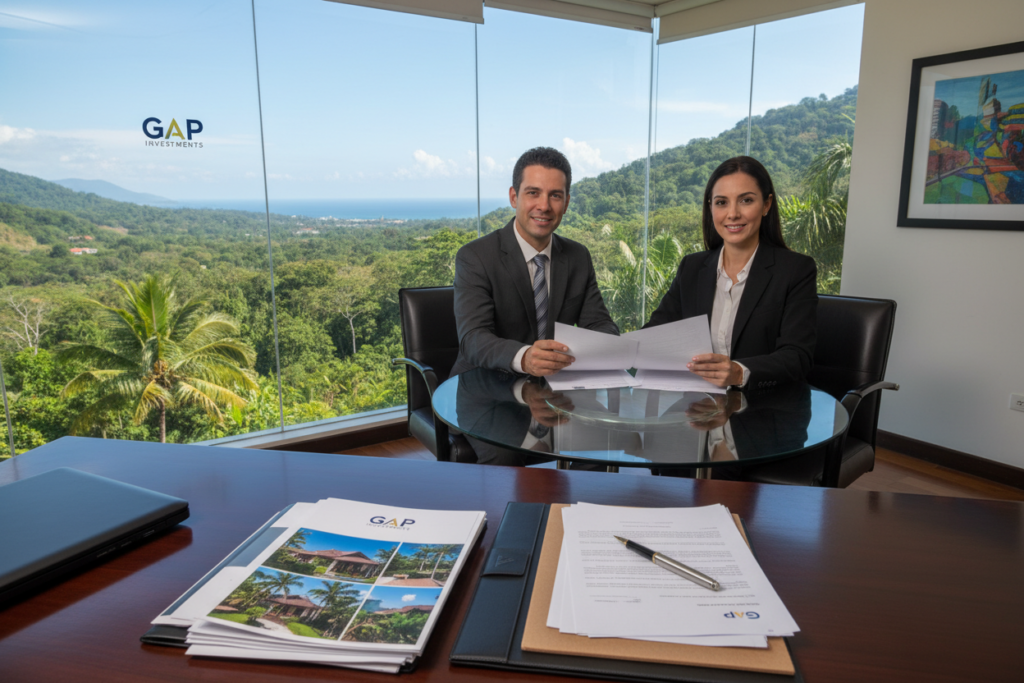 A professional scene depicting a first lien mortgage security for property investment in Costa Rica, featuring a stylish, modern office setting in the foreground. Include a polished wooden desk with neatly arranged documents and a Costa Rican property brochure. In the middle ground, an elegant couple in business attire reviews mortgage papers, conveying trust and professionalism. The background showcases a large window with a panoramic view of lush Costa Rican landscapes, emphasizing investment potential. Bright, natural lighting filters through the window, casting soft shadows for depth. The overall atmosphere is one of optimism and opportunity, with a subtle branding element for "GAP Investments" visible on the documents.