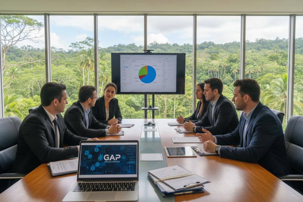 A professional setting depicting a first lien mortgage position in Costa Rica, illustrating the essence of a crypto-friendly private mortgage investment firm. In the foreground, neatly arranged property documents and a laptop showcasing blockchain technology graphics. In the middle, a stylish conference table with a modern aesthetic, surrounded by diverse individuals dressed in professional business attire, engaged in a focused discussion. The background features lush greenery through large windows, symbolizing Costa Rica’s vibrant environment, while the soft natural light casts a warm glow. The overall mood is collaborative and innovative, reflecting a commitment to transparency and security in mortgage investments. Include subtle branding elements like "GAP Investments" on the laptop screen, enhancing authenticity without overwhelming the scene.