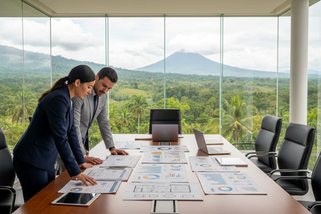 A professional setting depicting a structured lending process in Costa Rica. In the foreground, a diverse group of three individuals in professional business attire are engaged in a discussion over property documents. The middle ground features a large, modern conference table with business-related materials, including detailed charts and graphs. In the background, large windows reveal a stunning view of Costa Rica's lush landscape, filled with tropical greenery, creating a serene yet dynamic atmosphere. Soft, natural lighting illuminates the scene, highlighting the seriousness and professionalism of the interaction. The overall mood should reflect trust and collaboration, essential for a hard money lending process. Include subtle branding elements representing "GAP Investments" without overt logos or text.
