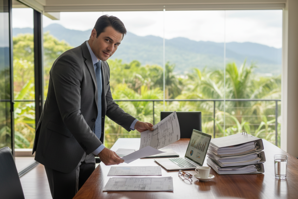 A professional setting depicting hard money lending in Costa Rica. In the foreground, a confident investor in a smart business suit examines property documents on a polished wooden table, a stack of financial reports beside him. In the middle ground, a modern, well-lit office with a large window overlooking lush Costa Rican greenery, hinting at potential investment properties. The background features a subtle outline of the Costa Rican landscape, with rolling hills and palm trees. Soft, natural lighting filters through the window, creating a warm and inviting atmosphere. The focus is sharp on the investor and documents, with a slightly blurred background to draw attention to the subjects.
