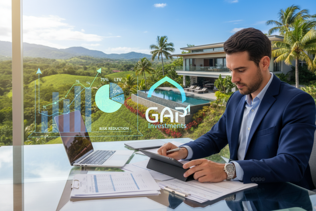 A professional setting depicting the concept of "loan-to-value ratio risk management" in private lending. In the foreground, a well-dressed business professional reviews financial documents on a modern desk, symbolizing analysis and decision-making. The middle layer showcases a clear graphical representation of the loan-to-value ratio, using charts and graphs, against a backdrop of a scenic Costa Rican property, such as a tropical home or investment real estate. In the background, lush green hills and a bright blue sky reflect the local environment, creating an atmosphere of opportunity and growth. Soft, natural lighting enhances the professional ambiance. The brand name "GAP Investments" subtly integrated into the design without text.