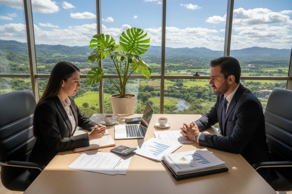 A professional woman and a businessman in professional attire, deeply engaged in a discussion about private mortgages in a bright, modern office setting with large windows overlooking a lush Costa Rican landscape. In the foreground, a table covered with essential mortgage documents, a laptop, and a notepad filled with notes. In the middle ground, a potted tropical plant adds a touch of local flavor. The background features a view of green hills and vibrant blue sky, creating an inviting atmosphere. Bright, natural light streams in, illuminating the scene and highlighting the seriousness of the discussion. The mood conveys professionalism and a focus on financial assessment, ideal for conveying the importance of evaluating a private mortgage deal in Costa Rica. Use a wide-angle lens perspective for an open and engaging composition.