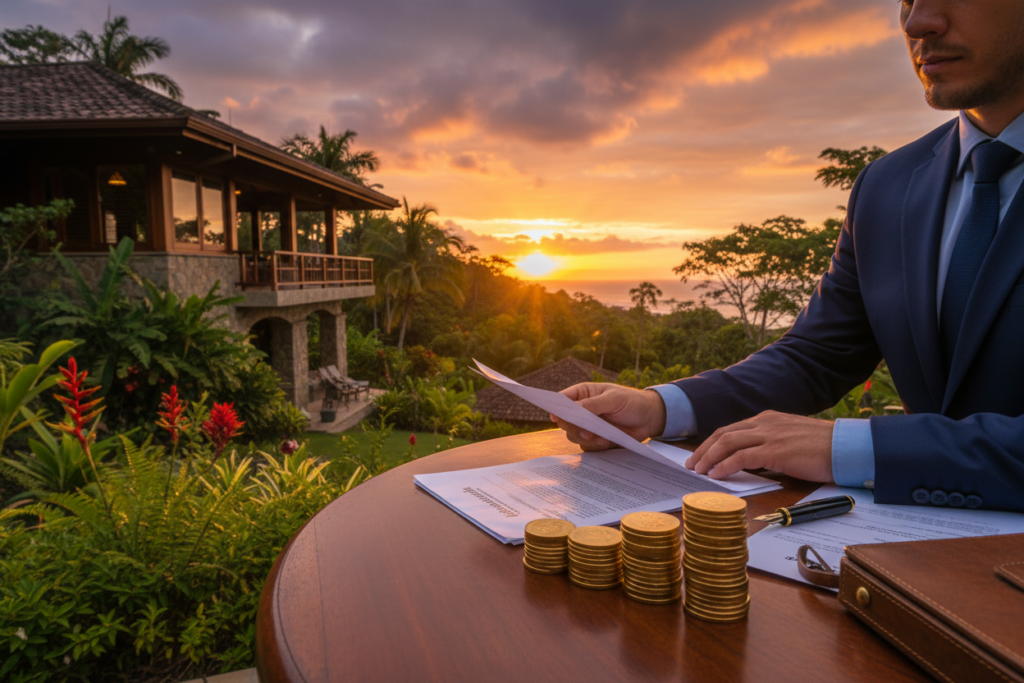 A serene Costa Rican landscape featuring a luxurious villa surrounded by lush tropical foliage in the foreground. In the middle ground, a professional-looking individual in smart business attire is analyzing real estate documents on a wooden table, with stacks of gold coins beside them, symbolizing hard money. The background showcases a beautiful sunset illuminating the sky with hues of orange and purple, casting soft light on the scene. The atmosphere is calm and inviting, suggesting both opportunity and professionalism. The lens should capture a slightly elevated angle, emphasizing the documents and coins while providing a glimpse of the stunning property. Avoid any clutter or distractions to keep the focus on the concept of private, real estate-secured lending.
