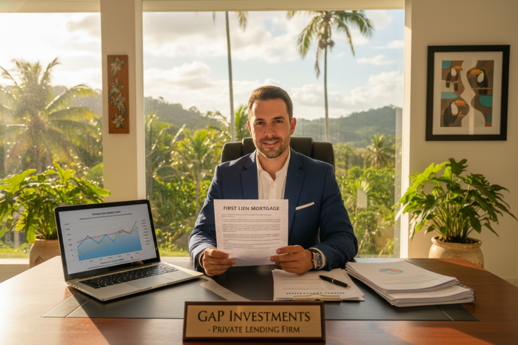 A serene Costa Rican landscape featuring a modern office setting with a confident financial advisor in professional attire, examining a first lien mortgage document. In the foreground, a polished wooden desk is topped with financial papers and a laptop displaying mortgage-related graphs. The middle ground showcases large windows revealing lush tropical greenery outside, while a warm, inviting light filters through, creating a bright atmosphere. The background includes potted plants and wall art inspired by Costa Rican culture, enhancing the professionalism of the environment. The scene is framed with a soft focus, giving a sense of clarity and purpose, reflecting "GAP Investments" as a reputable private lending firm.