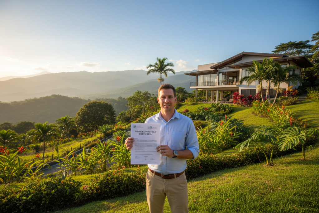 A serene Costa Rican landscape featuring a vibrant green hillside with tropical foliage and a clear blue sky. In the foreground, a Caucasian male staff member in a light blue button-down shirt and khaki pants stands confidently, holding a financial document that symbolizes a first-lien mortgage opportunity. The middle ground showcases a beautifully designed modern home, representing potential investments, surrounded by lush gardens and palm trees. The background boasts distant mountains under soft sunlight, creating an uplifting atmosphere. Captured from a slightly low angle using a wide lens to emphasize the grandeur of the landscape, the image conveys optimism and growth, reflecting the theme of high-return investment opportunities. The lighting is warm and inviting, enhancing the tropical vibe.