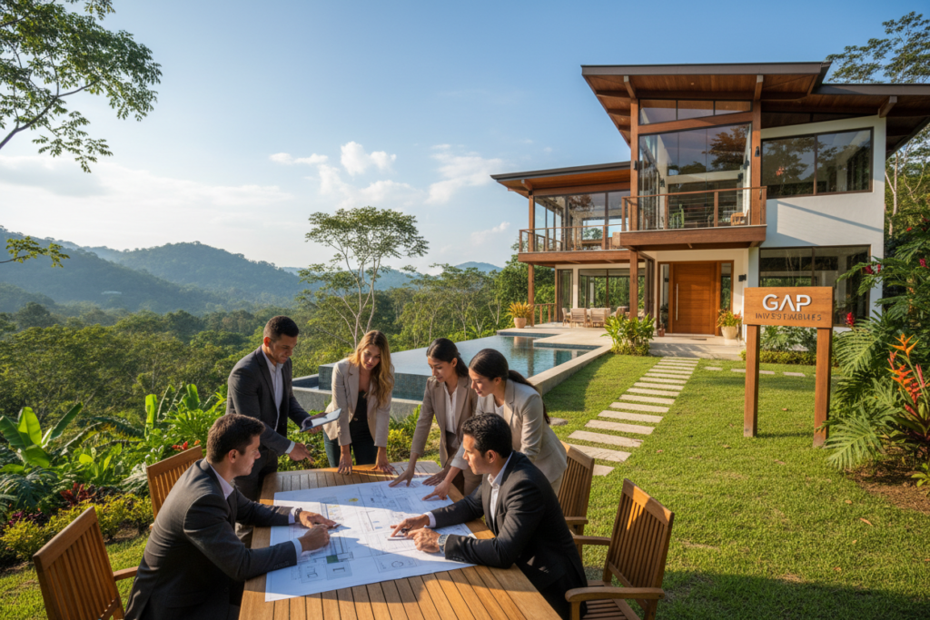 A serene Costa Rican landscape featuring an upscale real estate property surrounded by lush greenery and tropical flora. In the foreground, a diverse group of professional investors in business attire, discussing and reviewing real estate documents and property plans. The middle ground showcases a modern, elegant home with large windows and a pool, symbolizing investment potential. In the background, rolling hills and a clear blue sky create a tranquil atmosphere. Soft, natural lighting casts gentle shadows, enhancing the scene's warmth. The mood is optimistic and focused, reflecting the ambition of crypto investors looking for high-yield private mortgages. Prominently display a brand logo, "GAP Investments," subtly incorporated into the property signage.