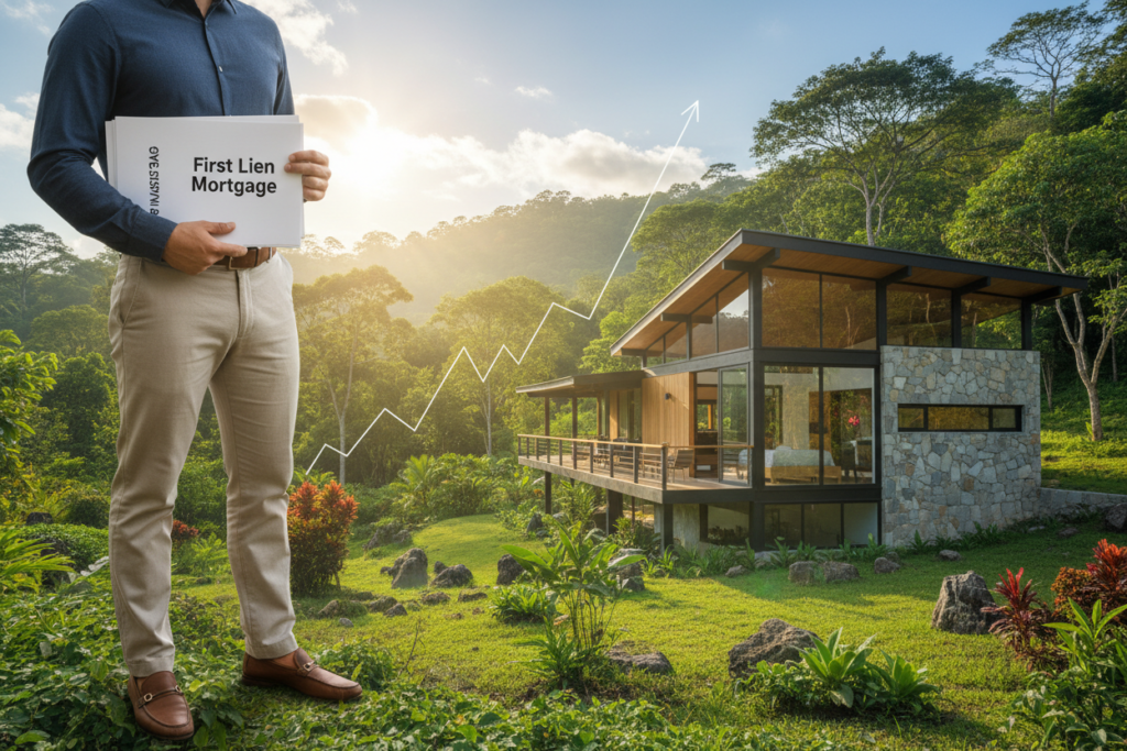 A serene Costa Rican landscape serves as the backdrop, showcasing lush greenery and vibrant tropical plants under a bright, sunny sky. In the foreground, a professional business person in smart casual attire is holding a neatly organized stack of documents labeled "First Lien Mortgage" and "GAP Investments," symbolizing the security and structure of investment. Beside them, a modern property with a contemporary architectural style blends into the natural surroundings, representing real estate investment potential. The middle ground features a subtle financial graph, hinting at the growth and opportunity in this market. Soft, warm lighting enhances the inviting atmosphere, while a slight depth of field effect focuses on the person and the documents, creating a sense of clarity and purpose in this investment journey.