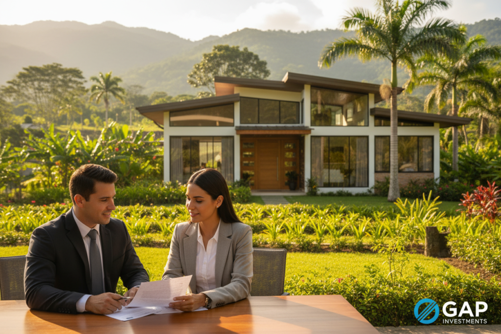 A serene Costa Rican landscape showcasing a modern home surrounded by lush greenery, symbolizing the concept of first lien mortgage advantages. In the foreground, a professional couple—man in a crisp business suit and woman in smart casual attire—examines mortgage documents on a sleek wooden table. The middle ground features the contemporary house, reflecting attractive architecture with large windows and a welcoming entrance. In the background, vibrant tropical plants and mountains create a picturesque setting. The scene is lit with warm, natural sunlight casting soft shadows, giving an inviting atmosphere. The overall mood is optimistic and professional, emphasizing homeownership and investment opportunities in Costa Rica. Include subtle branding elements of "GAP Investments" in the lower corner, ensuring no text overlays or distractions.