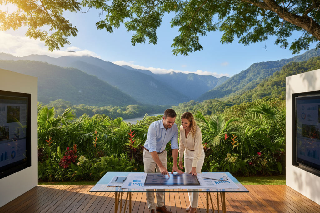 A serene Costa Rican landscape showcasing a modern office setup in the foreground, with a professional couple dressed in business attire reviewing property documents and charts related to private lending. In the middle ground, depict lush tropical greenery and distant mountains to emphasize the beauty of Costa Rica. The background should feature a clear blue sky, with soft, warm sunlight filtering through the trees, creating an inviting atmosphere. The angle should be slightly elevated, capturing both the professional engagement of the couple and the stunning natural environment surrounding them. The overall mood should convey opportunity, tranquility, and professionalism, perfect for illustrating the potential of private lending in this vibrant country.