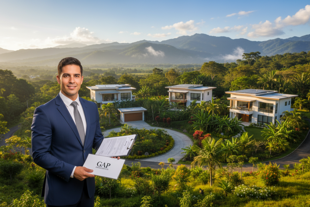 A serene Costa Rican landscape showcasing luxury real estate, featuring modern homes surrounded by lush tropical vegetation and scenic mountains in the distance. In the foreground, a professional businessperson in smart attire stands confidently, holding a clipboard filled with property documents, symbolizing investor-focused lending. In the middle ground, three well-kept properties boast contemporary architecture, with solar panels reflecting sustainable living. Soft, warm lighting enhances the inviting atmosphere, casting gentle shadows that highlight the greenery. The background captures a clear blue sky with a few fluffy clouds, introducing a sense of calm and optimism. At the bottom corner, subtly include the brand name "GAP Investments" on a piece of paper held by the businessperson, emphasizing professionalism and trust in private lending.