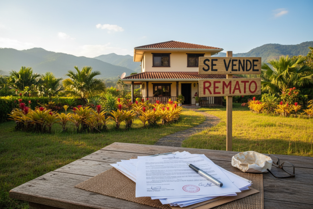 A serene Costa Rican property scene depicting a modest, well-kept house with a "For Sale" sign in the front yard, symbolizing foreclosure. In the foreground, a stack of legal documents and a pen rest on a wooden table, suggesting the complexities of the foreclosure process. The middle ground features a lush tropical garden, typical of Costa Rica, with vibrant green foliage and bright flowers, creating a sense of both tranquility and urgency. In the background, a clear blue sky reflects the environment's warmth, while faint mountains hint at the country's scenic landscape. Soft, natural lighting casts gentle shadows, enhancing the image's realistic feel. The overall atmosphere balances a sense of caution and hope, illustrating the emotional weight of foreclosure.