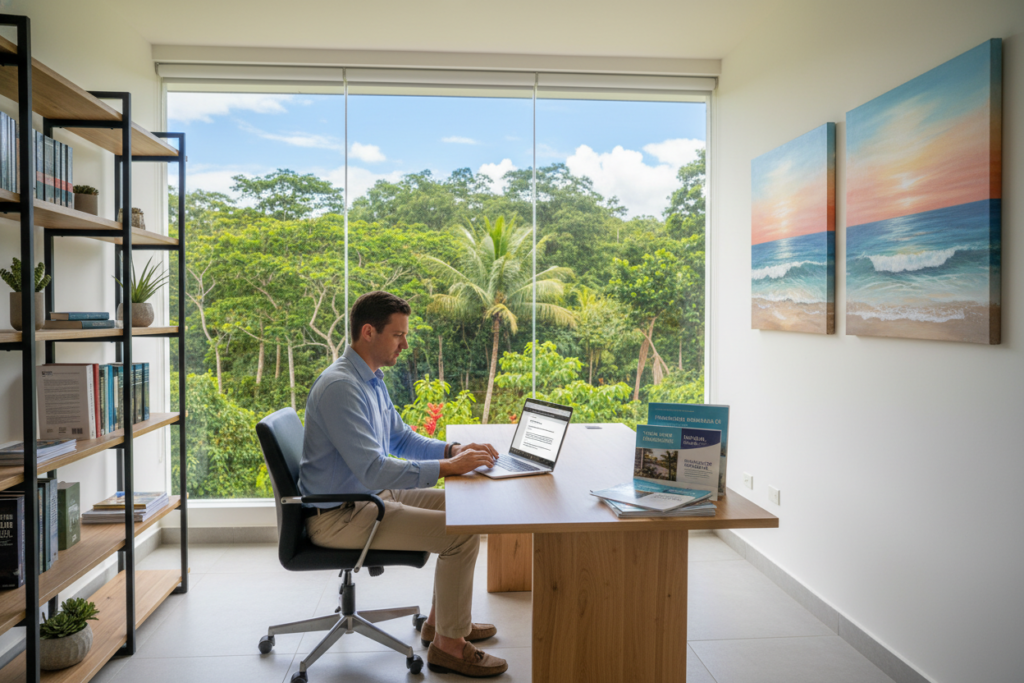 A serene Costa Rican real estate office environment showcasing a Caucasian male staff member in business casual attire, seated at a stylish desk with a laptop open, reviewing first-lien mortgage documents. In the foreground, there are neatly stacked brochures highlighting real estate financing options. The middle layer includes a large window revealing lush green landscapes typical of Costa Rica, with vibrant tropical plants and a clear blue sky. Soft, natural lighting floods through the window, creating a warm and inviting atmosphere. The background features wall art depicting coastal vistas and a modern bookshelf filled with real estate guides, enhancing the professional vibe of the setting. The overall mood is one of professionalism, trust, and expertise in real estate financing.