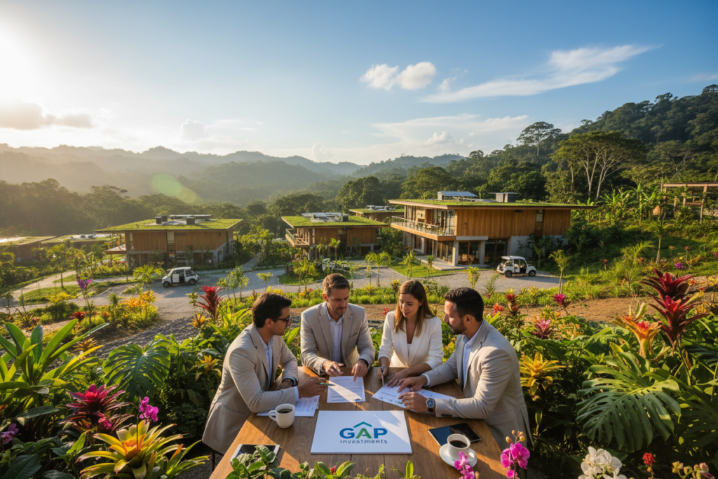 A serene and inviting Costa Rican landscape showcasing vibrant greenery with tropical flora. In the foreground, a small group of diverse, professionally dressed individuals engaged in a discussion over property documents, symbolizing structured investment opportunities. The middle ground features modern eco-friendly buildings, hinting at eco-tourism and smart investments. In the background, rolling hills and a bright blue sky create an uplifting atmosphere. The scene is bathed in warm, soft sunlight, capturing the essence of opportunity and growth. A subtle brand representation of "GAP Investments" is included on one of the property documents. The image evokes a sense of trust and professionalism, ideal for illustrating structured investment opportunities.