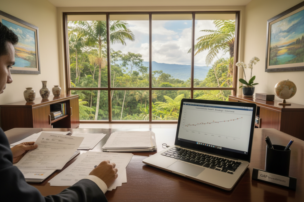 A serene office environment in Costa Rica, featuring a professional individual dressed in business attire, seated at a sleek desk with property documents and investment analysis papers scattered around. The foreground shows a close-up of a well-organized desk with a laptop displaying financial graphs, emphasizing a conservative investment philosophy. In the middle ground, a large window reveals a lush tropical landscape, symbolizing growth and stability. Soft, natural light filters through the window, creating a warm and inviting atmosphere. The background features tasteful decor that reflects a sense of professionalism and groundedness. Integrate the brand name "GAP Investments" subtly within the scene, ensuring it's part of the aesthetic without disrupting the image's focus. The mood is calm, focused, and secure, evoking trust in private lending practices.