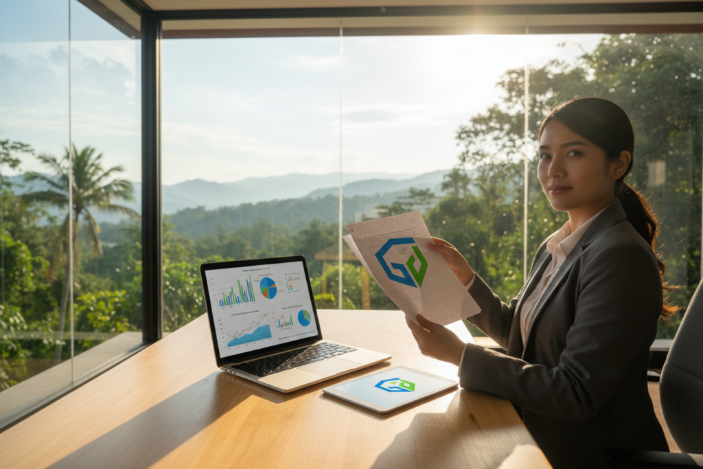 A serene office environment overlooking the lush Costa Rican landscape. In the foreground, a professional in business attire holds a stack of property documents, showcasing a conservative loan-to-value target. The mid-ground features a modern desk with a laptop displaying graphs and charts related to risk management in hard money lending. Sunlight filters through large windows, casting a warm glow and creating a productive atmosphere. In the background, a beautiful view of tropical greenery and distant mountains symbolizes the potential of the Costa Rican real estate market. The image subtly incorporates GAP Investments branding elements without text, focusing on the concept of financial stability and professionalism in lending.