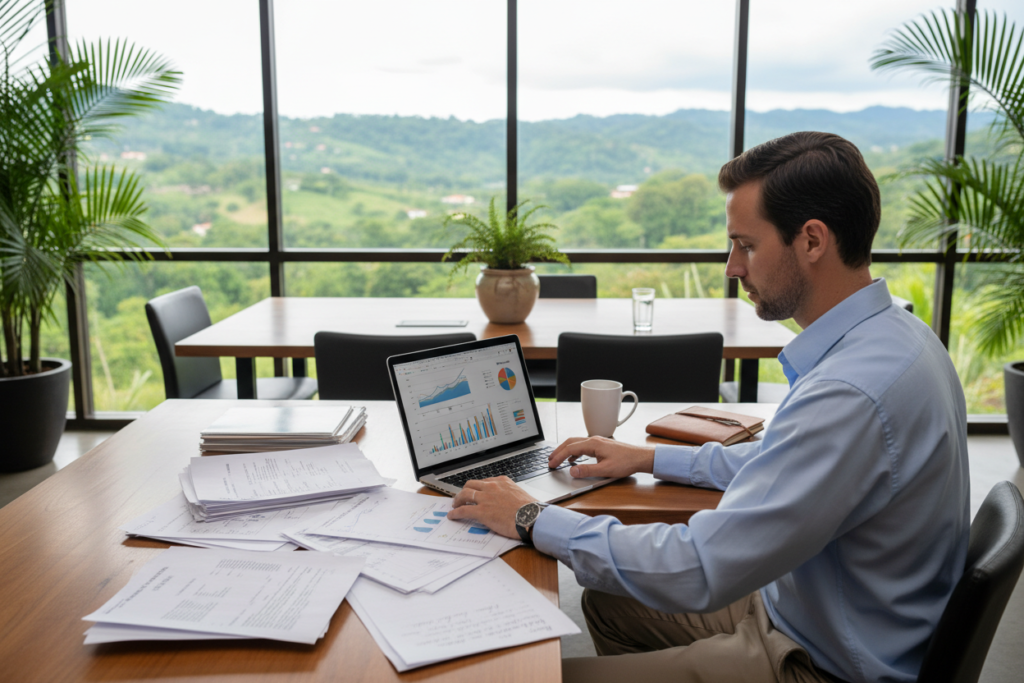 A serene office scene in Costa Rica focusing on conservative underwriting principles, featuring a Caucasian male financial analyst in business casual attire (a button-down shirt and khakis). In the foreground, he is intently analyzing mortgage documents and calculating risk on a sleek laptop with graphs displayed on the screen. The middle ground showcases a modest conference table with charts, a potted plant, and a backdrop of a large window revealing a lush green landscape of Costa Rican hills under soft, natural lighting. In the background, hints of tropical flora enhance the calm, professional atmosphere. The image exudes a mood of focus, security, and strategic planning, emphasizing risk mitigation in a high-return investment context.