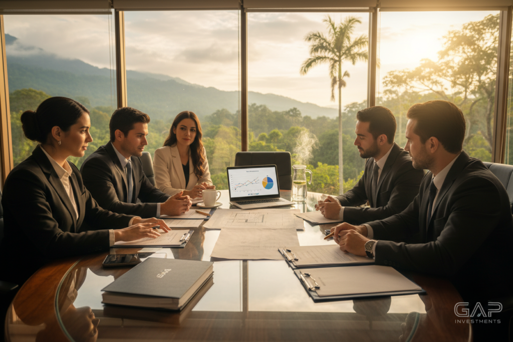 A serene office setting in Costa Rica, showcasing a modern and professional atmosphere. In the foreground, a diverse group of business professionals dressed in business attire, discussing property documents on a sleek conference table. The middle ground features detailed items like legal documents, a laptop displaying financial charts, and a coffee cup, symbolizing collaboration in the lending process. The background includes large windows with lush green vistas of Costa Rica's landscape, allowing natural light to flood the space, creating an inviting ambiance. The scene evokes trust and professionalism, with GAP Investments subtly branded in the background image elements. Capture the ambience with a warm color palette and a slight depth of field effect to emphasize the focus on the lending controls.