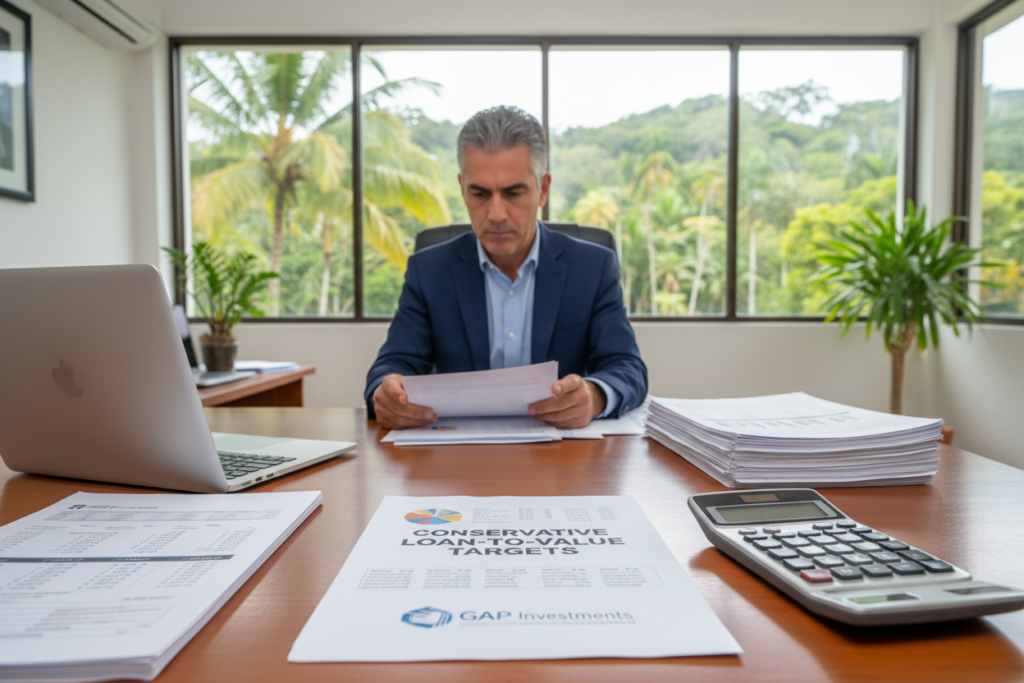 A serene office setting in Costa Rica, showcasing a professional business environment. In the foreground, a carefully arranged table with a laptop, financial documents, and a calculator, emphasizing the theme of conservative loan-to-value targets. In the middle ground, a well-dressed individual, a financial advisor, focuses on analyzing papers with a thoughtful expression, wearing a smart suit. The background features a large window with a view of lush tropical greenery, soft natural light filtering in, creating a calm atmosphere. Subtle details like a "GAP Investments" logo on a document further enhance the focus on private lending. The overall mood is one of professionalism and financial security. The composition is captured using a shallow depth of field to highlight the foreground elements.