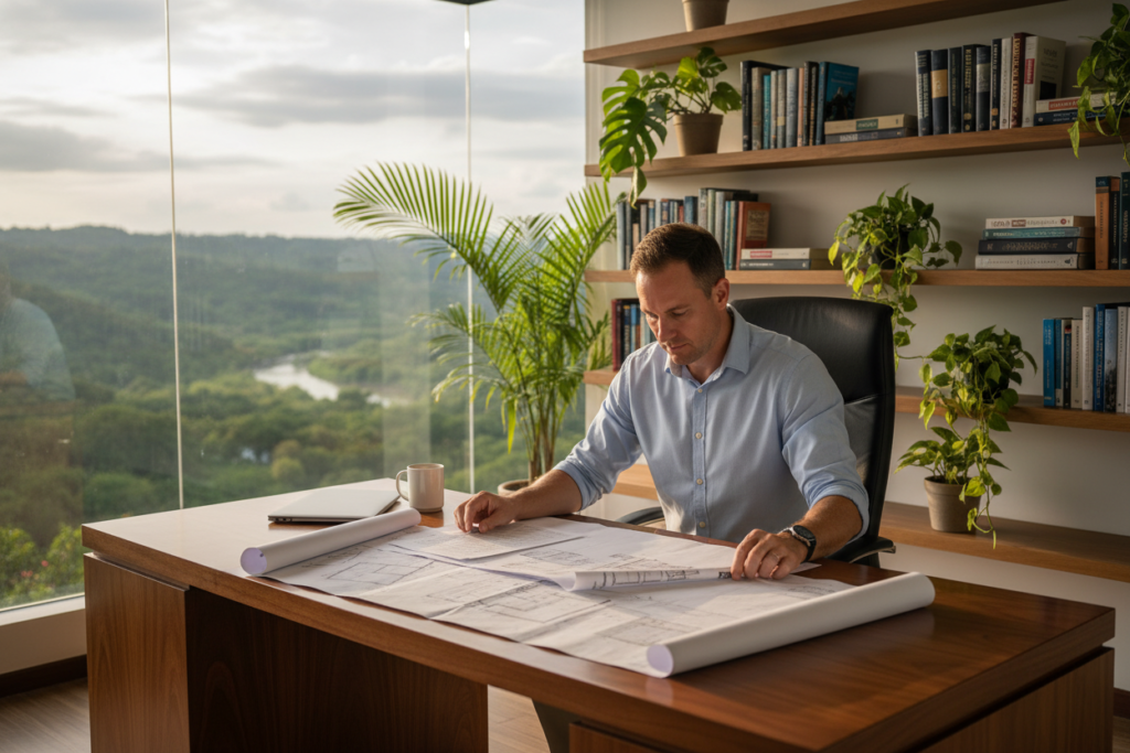 A serene office setting overlooking a lush Costa Rican landscape. In the foreground, a Caucasian male financial advisor in a button-down shirt and khakis sits at a stylish wooden desk, reviewing real estate documents with a focused expression. The middle ground features shelves filled with books on finance and real estate, alongside potted tropical plants. In the background, large glass windows showcase verdant hills and vibrant greenery, bathed in the warm glow of golden sunlight filtering through. The atmosphere conveys professionalism and tranquility, emphasizing the security and potential of private lending in Costa Rican real estate. The image is taken with a soft-focus lens to enhance the inviting mood, highlighting the importance of trust and investment.