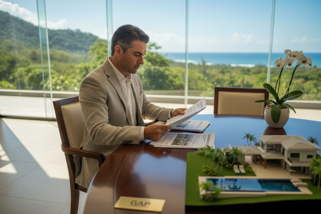 A sophisticated business setting in Costa Rica, featuring a well-dressed professional examining property documents on a polished wood table. In the foreground, include a luxurious coastal property with tropical greenery and ocean views, symbolizing an investment opportunity. In the middle ground, display the documents neatly arranged, showcasing a first lien mortgage plan without any text overlays or watermarks. The background should feature a bright, modern office with large windows allowing natural sunlight to pour in, casting soft shadows, creating an inviting atmosphere. Incorporate the brand name "GAP Investments" subtly within the scene without direct visibility. The overall mood should be optimistic, emphasizing growth and opportunity in the Costa Rican property market.