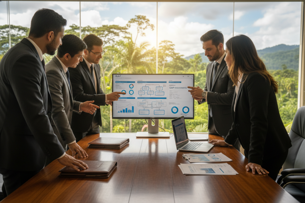 A sophisticated office setting showcasing process controls and underwriting standards for investment opportunities in Costa Rica. In the foreground, a diverse group of professionals dressed in business attire is engaged in a collaborative discussion over digital documents and financial charts, focusing on private lending. The middle layer features a polished conference table covered with closed folders, a laptop displaying graphs, and a Costa Rican property brochure. The background displays a large window revealing a lush tropical landscape, symbolizing the investment environment. Natural light streams in, creating a warm, inviting atmosphere. The image should convey diligence, professionalism, and clarity in decision-making processes, while prominently displaying the brand name "GAP Investments" on the documents.