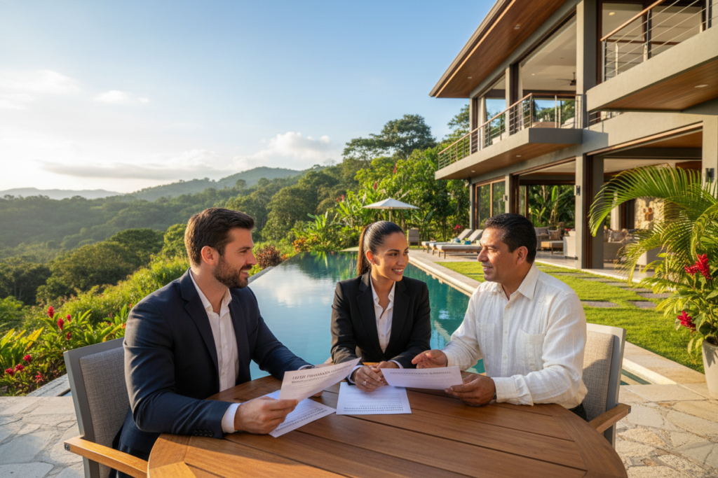 A tranquil Costa Rican landscape showcasing a modern, luxurious home surrounded by lush tropical greenery. In the foreground, a couple dressed in professional business attire examines home financing documents while discussing the property with a local real estate agent. The middle ground features a beautifully landscaped garden and a sparkling swimming pool, adding to the allure of the environment. In the background, the vibrant tropical hills are bathed in warm, golden sunlight, with clear blue skies enhancing the serene atmosphere. The lighting is soft and inviting, with a focus on the expressions of the individuals engaged in the transaction, conveying a sense of trust and collaboration. The overall mood is positive and optimistic, capturing the essence of financing in Costa Rica for American buyers.