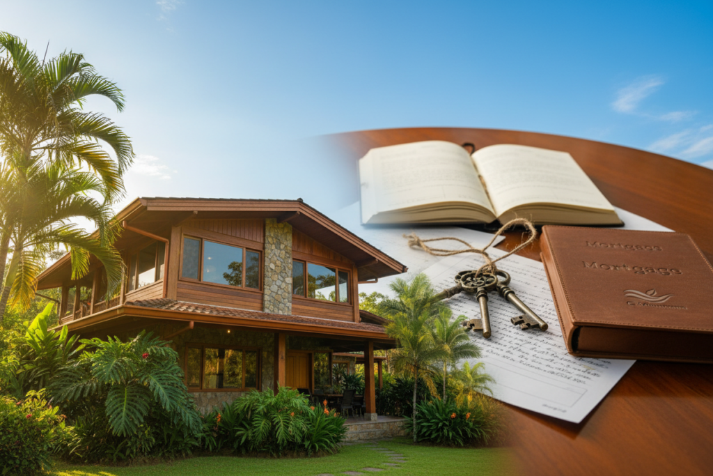 A visually compelling representation of a first lien mortgage structure with a focus on integrity and security. In the foreground, display a detailed, realistic depiction of a sturdy, elegant residential property in Costa Rica, showcasing lush greenery and sunlight filtering through palm trees. In the middle, include various mortgage documents and a set of keys arranged meticulously on a polished wooden table, symbolizing trust and commitment. The background should portray a serene blue sky, evoking stability and peace of mind. Soft, natural lighting accentuates the scene's warmth, while a slight depth of field blurs the background for focus. The atmosphere should convey professionalism and reliability, subtly integrating imagery of GAP Investments branding in a tasteful manner, without any overt text or logos.