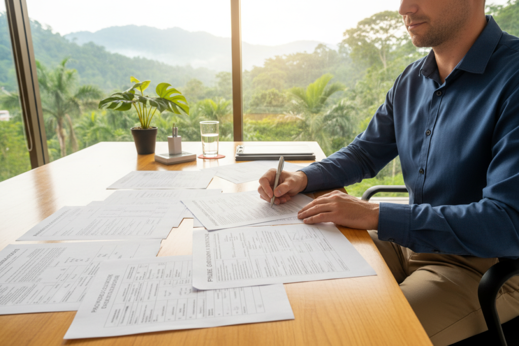 A well-lit, professional office setting in Costa Rica, showcasing a Caucasian male staff member dressed in business casual attire, seated at a sleek wooden desk with mortgage documents spread out in front of him. The foreground features a close-up of his hands, emphasizing the details of the paperwork, while the background reveals a large window with a view of lush green landscapes and tropical foliage typical of Costa Rica. Soft natural light pours in, creating a warm and inviting atmosphere. The focus is on the clarity and organization of the documents, symbolizing transparency and control in the first-lien mortgage process. Subtle décor elements, like plants and modern office supplies, enhance the professional yet relaxed mood.