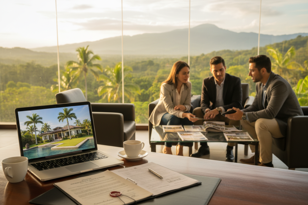 A well-lit scene portraying a professional setting within a Costa Rican real estate office. In the foreground, a neatly organized desk with important documents, a property deed, and a laptop showcasing a tropical property photo. The middle ground features a diverse group of professionals in business attire discussing over a coffee table filled with property brochures and a financial report. In the background, large windows reveal a stunning view of lush Costa Rican landscapes, with palm trees and distant mountains bathed in warm, golden sunlight. The atmosphere is one of collaboration and opportunity, emphasizing the significance of collateral in secured loans. Use a soft focus lens to create a welcoming mood while maintaining clarity in key elements.